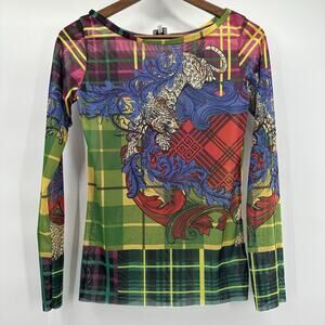 Gil Santucci Top Blouse Shirt Womens 8 Multicolor 44 Mesh Art Vintage y2k Tiger
